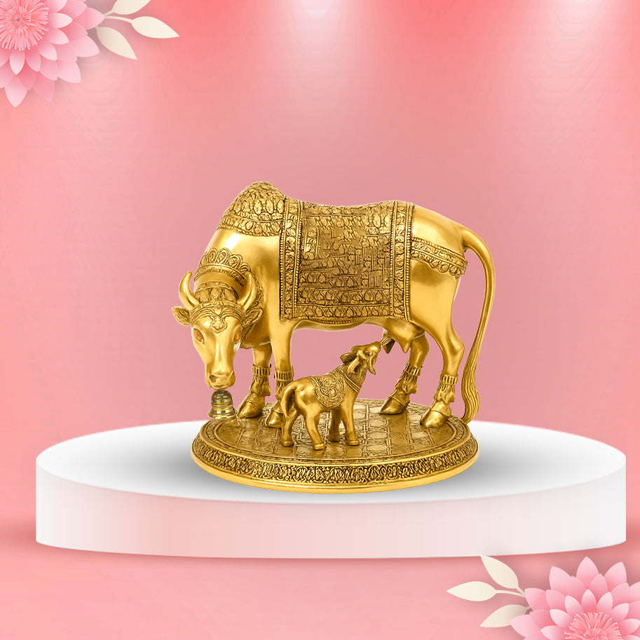Brass Kamadhenu cow and calf statue