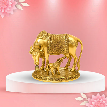 Brass Kamadhenu cow and calf statue
