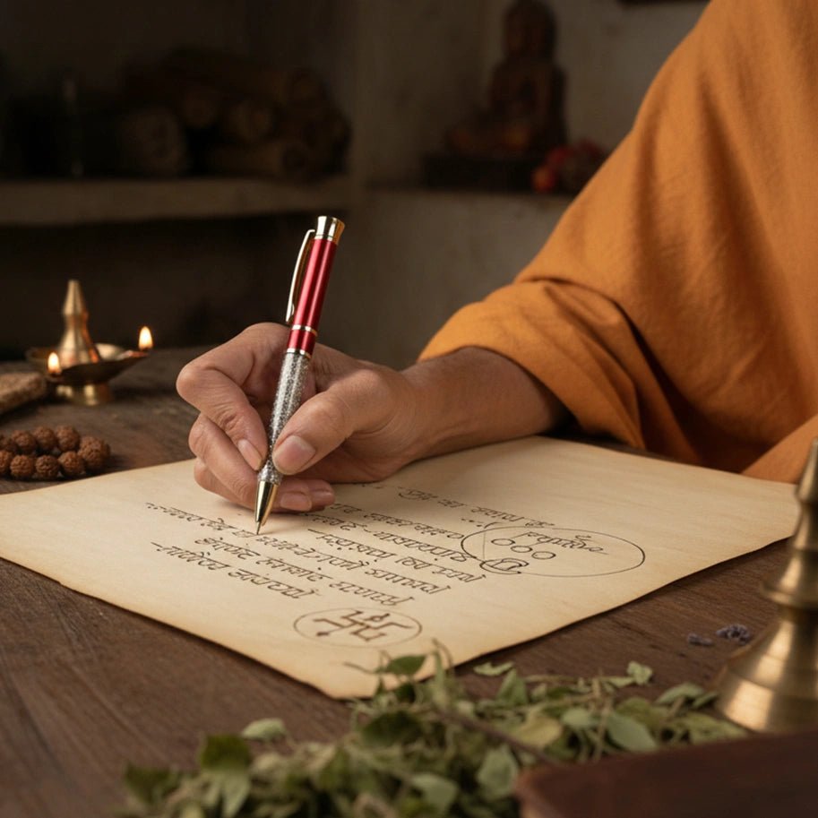 Abhimantrit Pyrite Pen, Red & Gold - Aditya Kundali