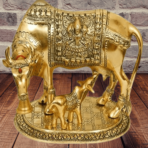 Brass Kamadhenu cow and calf statue - Aditya Kundali